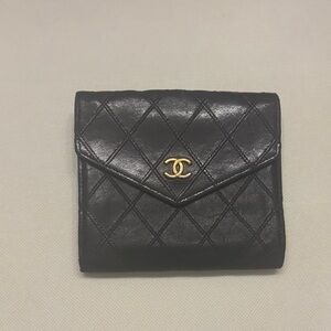 Vintage Chanel Black Quilted Wallet with Gold Logo